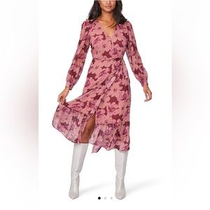 NWT $299 Paige Pink Floral Midi Ruffle Wrap Dress Size S